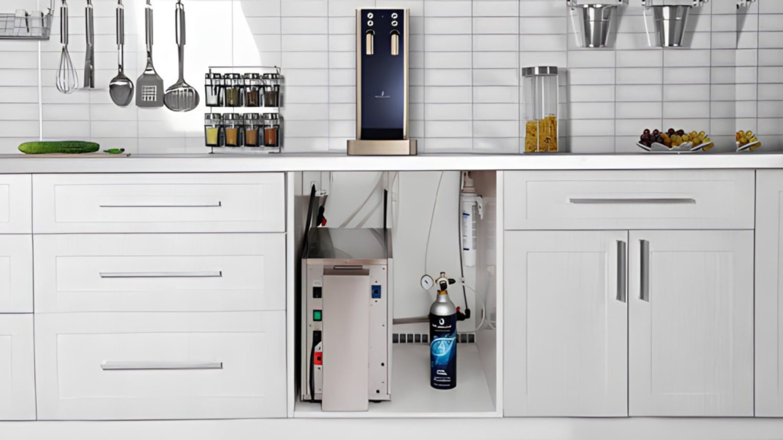 Zapfhahn auf der Arbeitsfläche, Kühltechnik und CO2-Flasche im Unterschrank